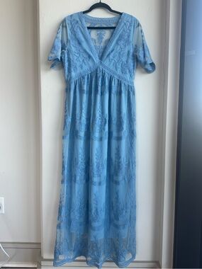 Powder Blue Embroidered Floral Mesh Boho Empire Waist Cottagecore Maxi Dress